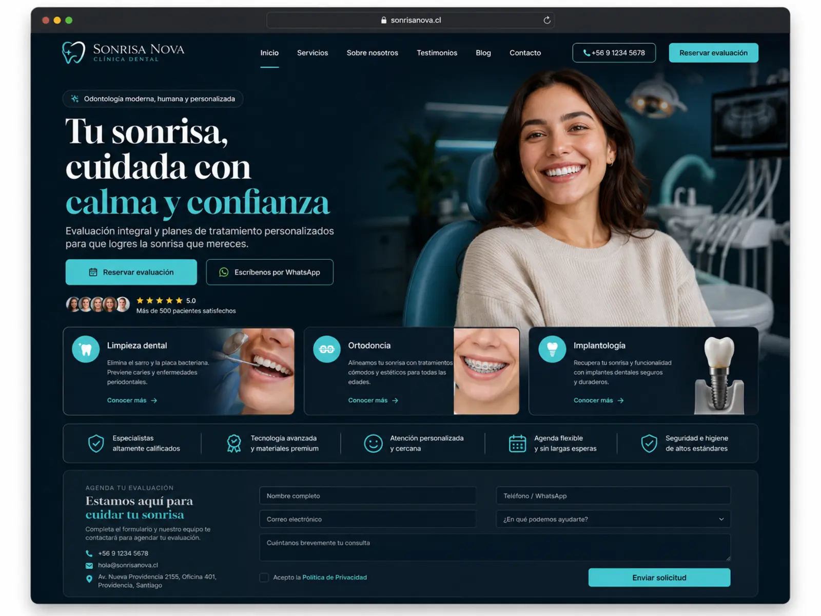 Vista previa de una página dental para cliente