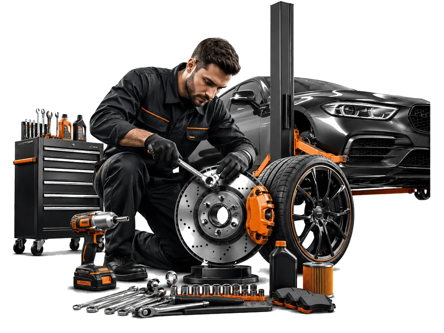 Mecánico MotorFix realizando servicio de frenos y mantención